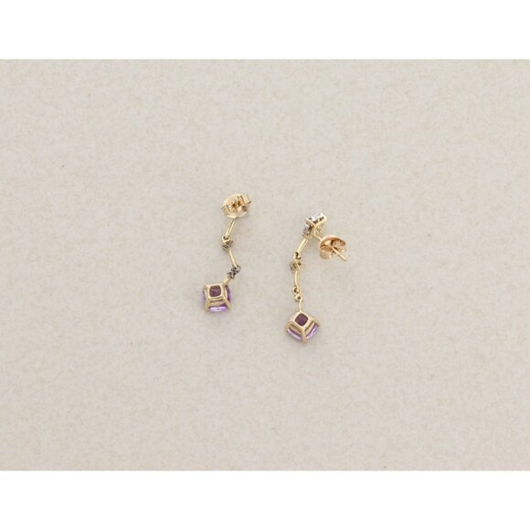 14k Yellow Gold Natural Amethyst & White Topaz Earrings Dangle Drop 1" x 1/4" - Picture 5 of 7